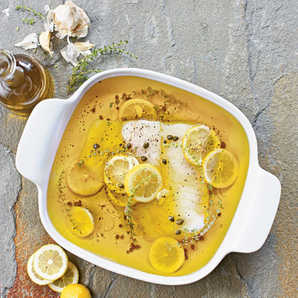 Olive Oil-Poached Black Cod with Lemons, Capers, and Thyme Olive Oil-Poached Black Cod with Lemons, Capers, and Thyme