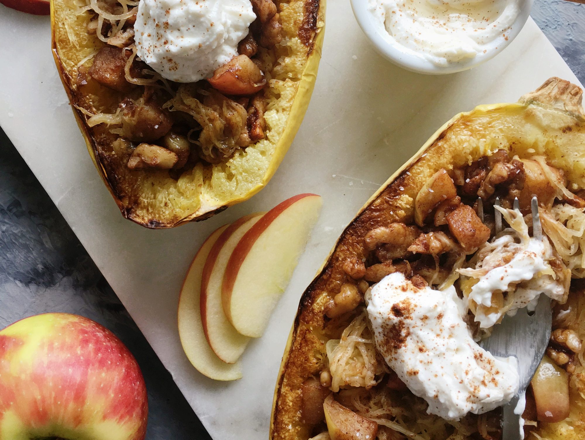 Dessert Spaghetti Squash with Apples, Walnuts, and Cinnamon Goat Cheese Dessert Spaghetti Squash with Apples, Walnuts, and Cinnamon Goat Cheese