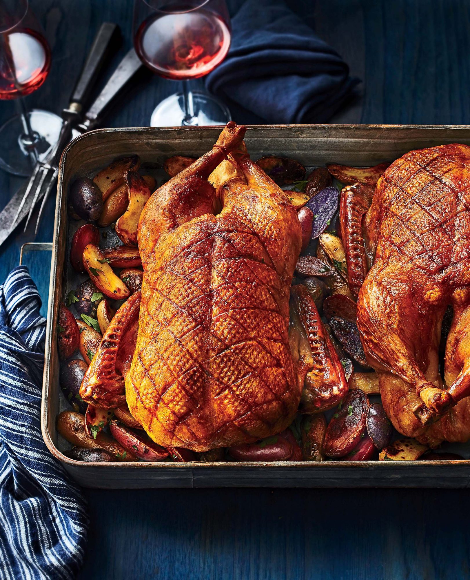 Roast Duck with Duck Fat Potatoes, Capers, and Parsley