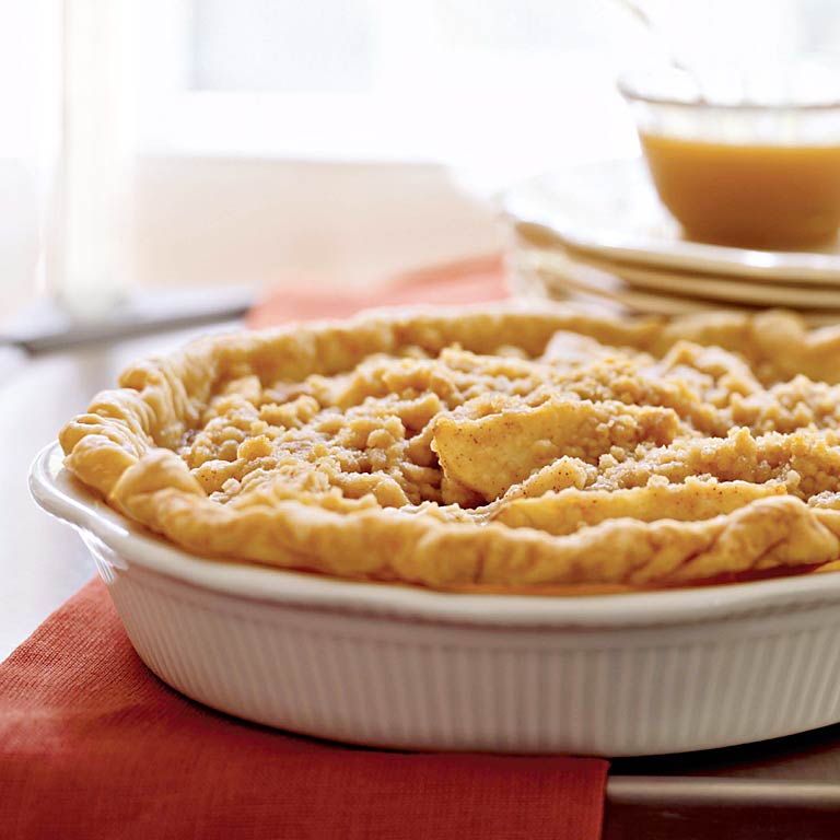 Pear Pie with Streusel Topping and Caramel Sauce