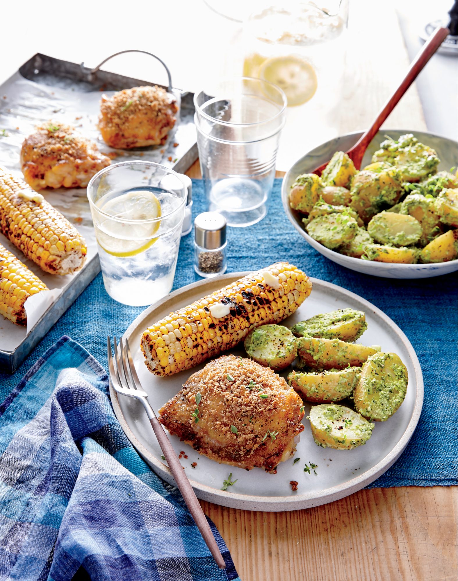 Crispy Chicken Thighs with Spinach-and-Pea Potato Salad