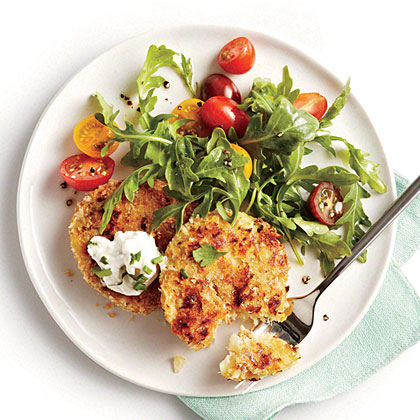 Crispy Cauliflower Cakes with Herb Sauce and Arugula Salad Crispy Cauliflower Cakes with Herb Sauce and Arugula Salad