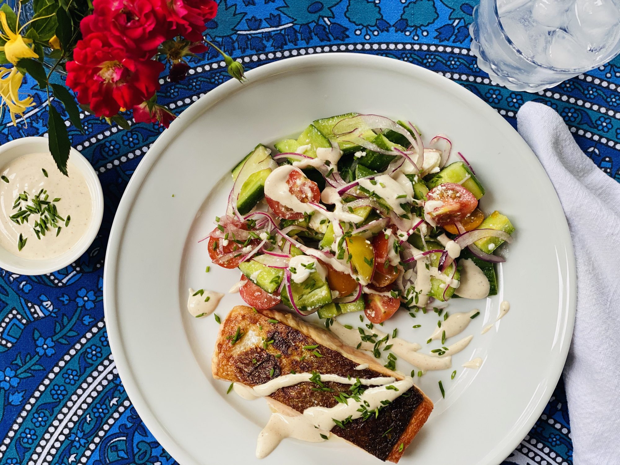Crispy Salmon With Cucumber-Tomato Salad and White Barbecue Sauce Crispy Salmon With Cucumber-Tomato Salad and White Barbecue Sauce