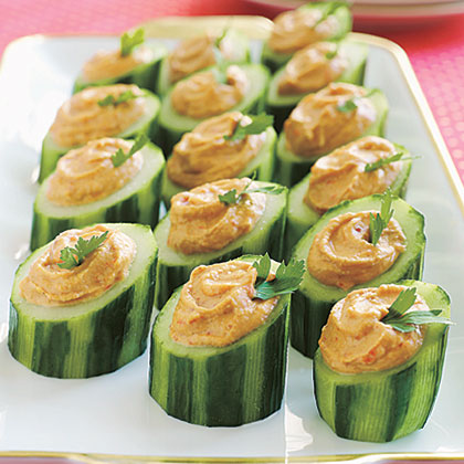 Red-Pepper Hummus in Cucumber Cups Red-Pepper Hummus in Cucumber Cups