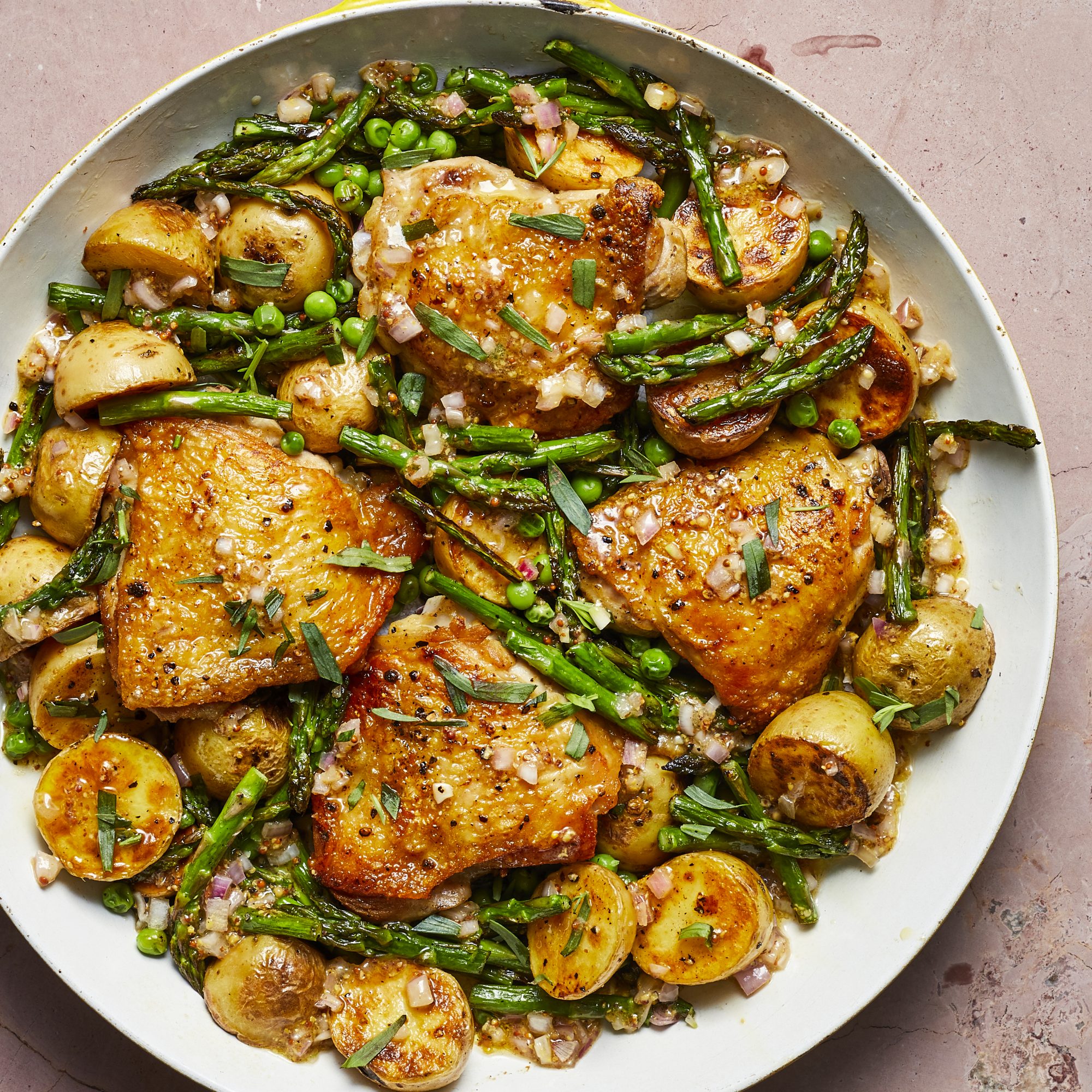 Skillet Chicken Thighs with Spring Vegetables and Shallot Vinaigrette