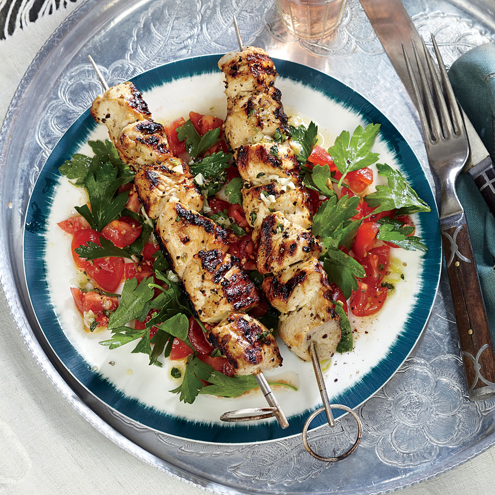 Lemony Chicken Kebabs with Tomato-Parsley Salad Lemony Chicken Kebabs with Tomato-Parsley Salad