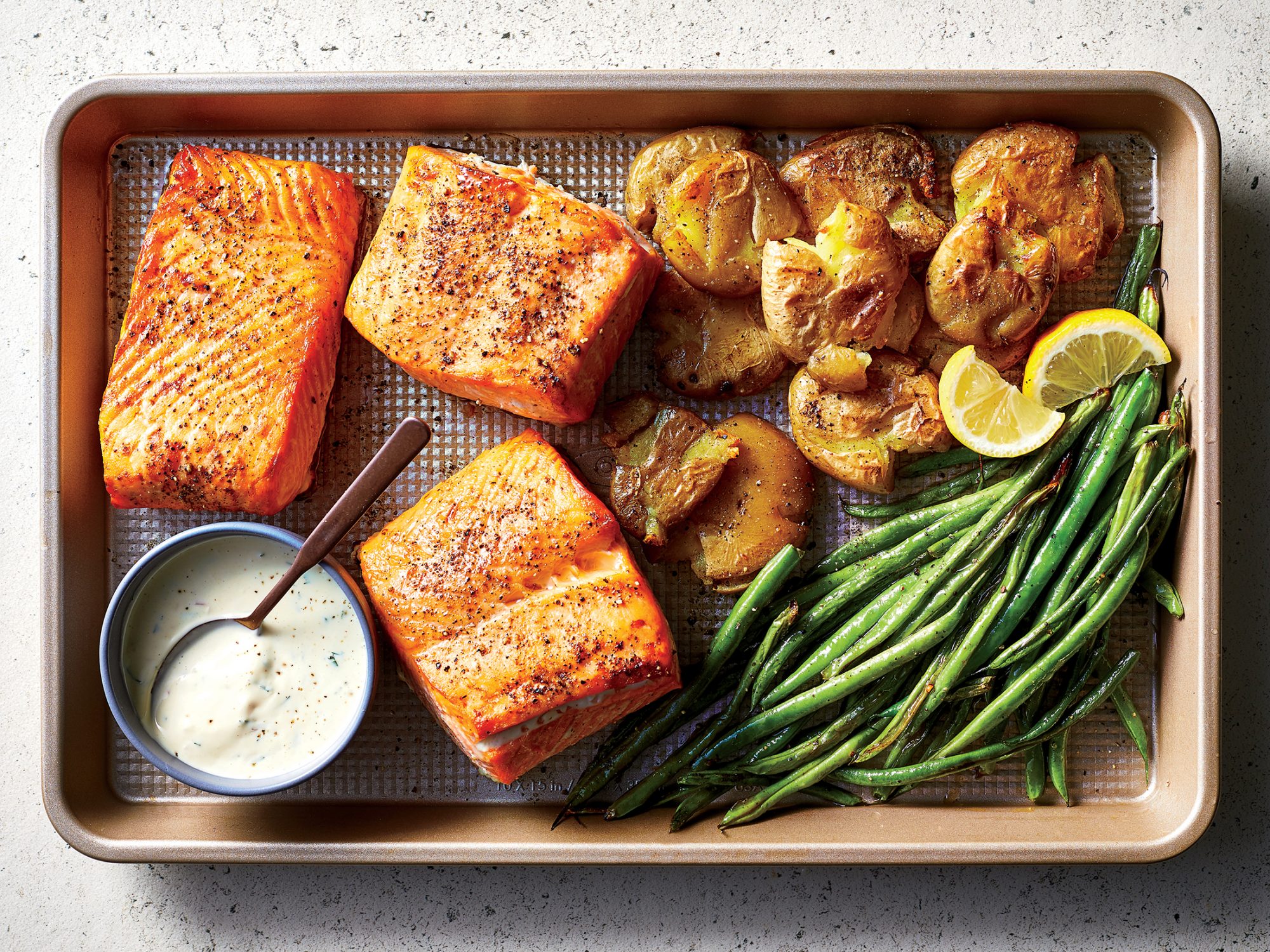 Salmon with Green Beans and Smashed Potatoes Salmon with Green Beans and Smashed Potatoes