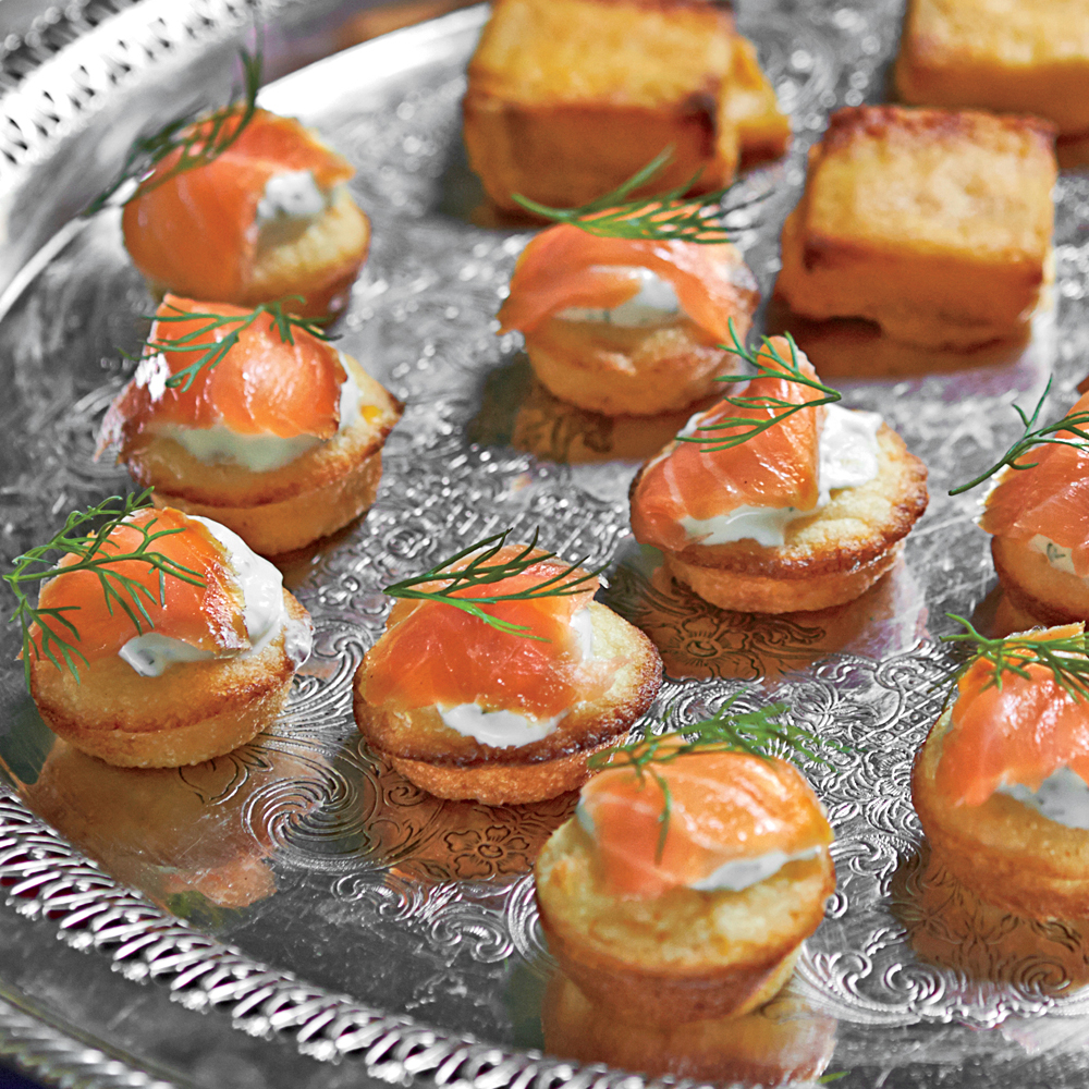 Mini Corn Cakes with Smoked Salmon and Dill Crème Fraîche Mini Corn Cakes with Smoked Salmon and Dill Crème Fraîche