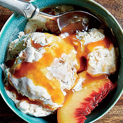 Peach Cobbler Ice Cream with Bourbon-Caramel Sauce Peach Cobbler Ice Cream with Bourbon-Caramel Sauce