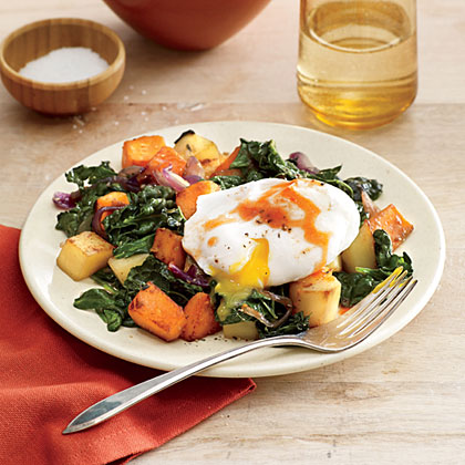 Vegetable and Greens Hash with Poached Egg