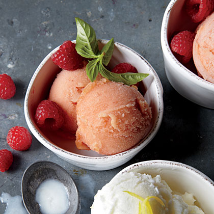Raspberries with Peach-Basil Sorbet Raspberries with Peach-Basil Sorbet