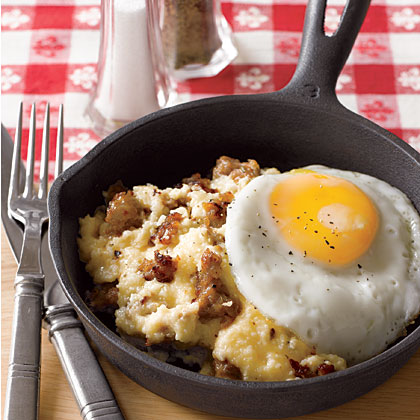 Sausage and Cheddar Grits with Fried Eggs
