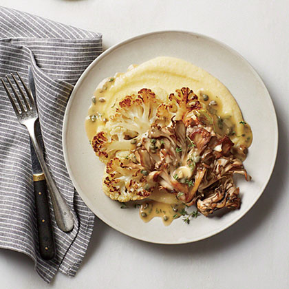 Cauliflower Steaks with Maitake Mushrooms and Browned Butter-Caper Sauce Cauliflower Steaks with Maitake Mushrooms and Browned Butter-Caper Sauce