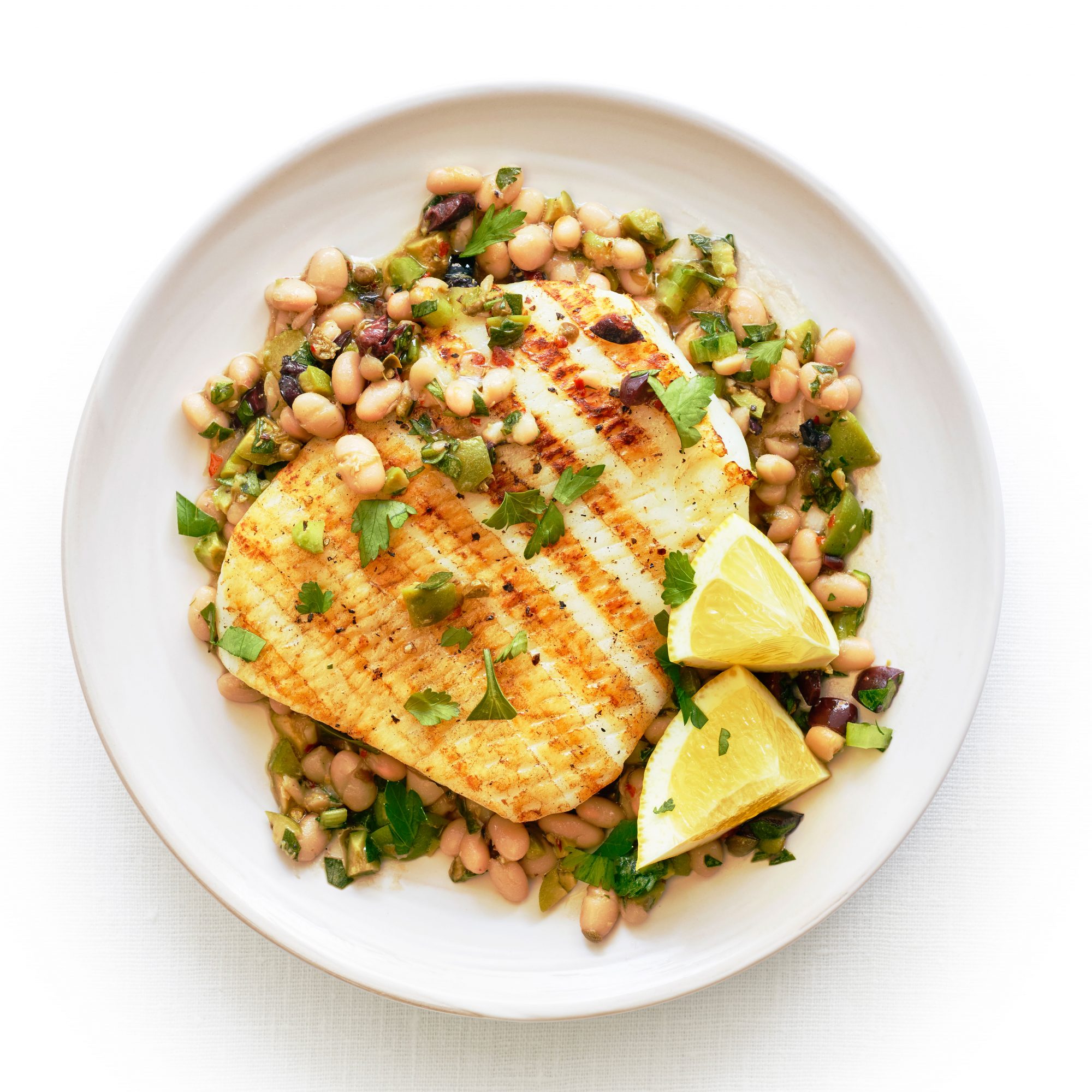 Grilled Calamari Steaks with Olive and Bean Salad