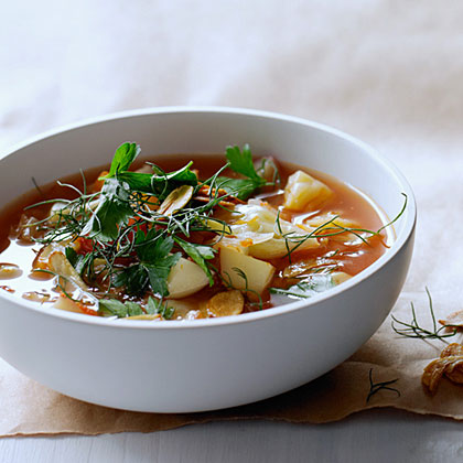 Cabbage and Fennel Soup with Toasted Garlic Chips