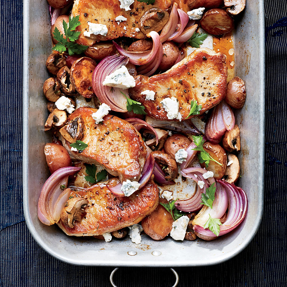 Pork Chops with Balsamic Roasted Vegetables and Gorgonzola Pork Chops with Balsamic Roasted Vegetables and Gorgonzola