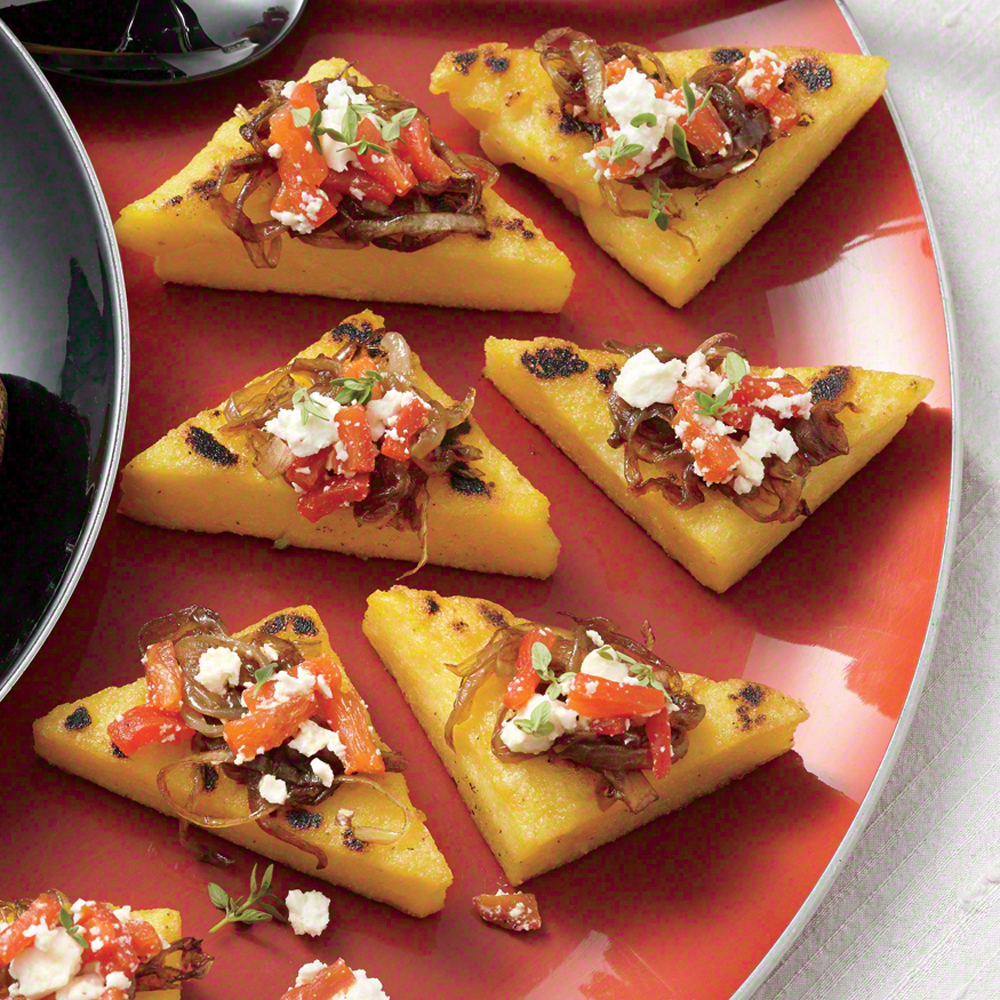 Polenta Toasts with Balsamic Onions, Roasted Peppers, Feta, and Thyme Polenta Toasts with Balsamic Onions, Roasted Peppers, Feta, and Thyme