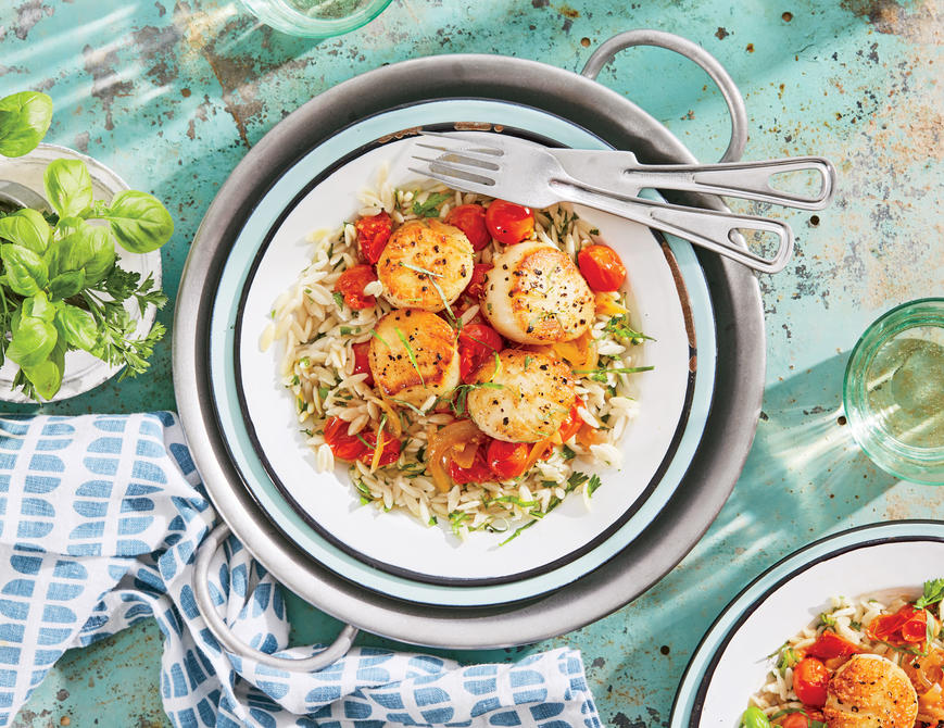 Seared Scallops with Fresh Tomato-Basil Sauce and Orzo Seared Scallops with Fresh Tomato-Basil Sauce and Orzo